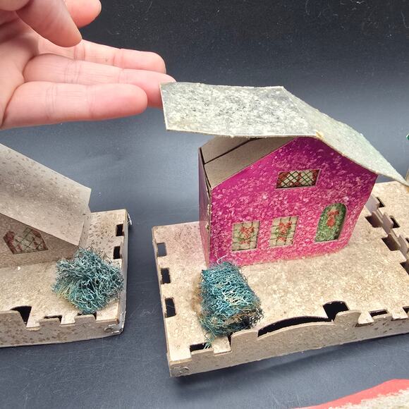 Vintage Paper Putz Houses Set of 4 Glitter Mica Christmas Village - Picture 6 of 11